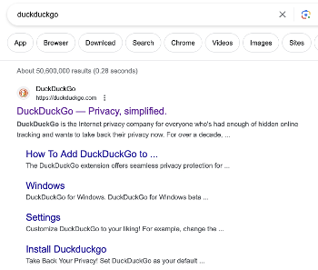 Screenshot of a Google search for DuckDuckGo.