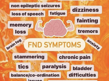 Poster showing FND in center with symptoms in word bubbles all around  