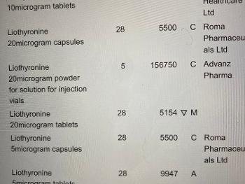 Current prices NHS pays for liothyronine doses. Tablets v capsules 