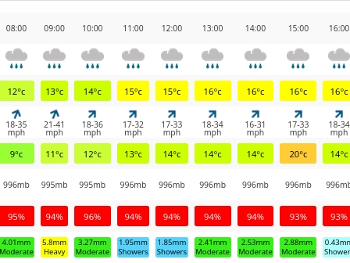 A dismal weather forecast chart: moderate to heavy rain all day.