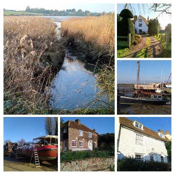 Photos of a little fishing village to include marshes, a boatyard and historic houses