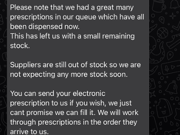 Text message from hive pharmacy with Nalcrom stock update 