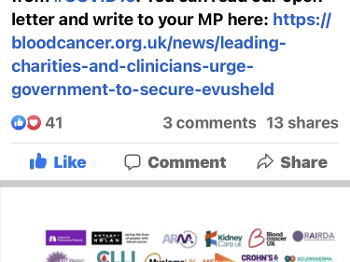 LUPUS U.K. social media post detailing who is involved in campaigning for access to Evush