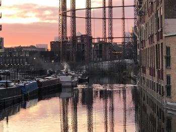 Canal, gasometers and sunrise 
