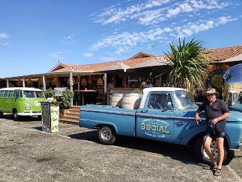 The surf bar at seignosse. WTP posing by an American truck 
