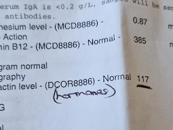 Just adding last part...magnesium level, b12 & serum prolactin level....tested June. 