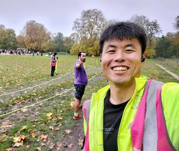 Wei and I at Clapham Commons finish funnel