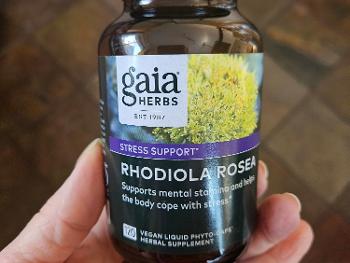 Image of Gaia brand Rhodeola bottle and pill.