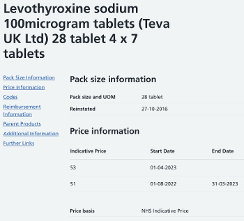 Screenshot of dm+d for 100microgram Teva levothyroxine tablets