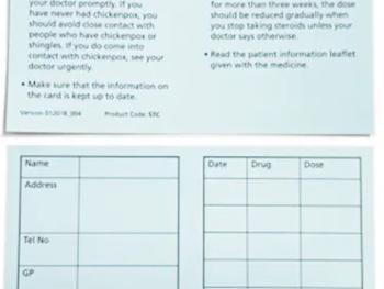 An image of the blue Steroid Treatment Card on both sides. The patient should fill it in.