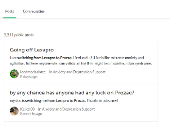 screenshot of search results for "switching to prozac from lexapro"