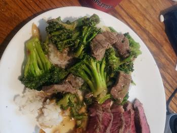 Beef Broccoli, pan seared steak, bacon and rice