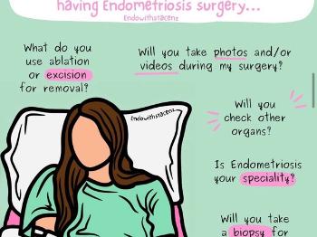 Bright coloured photo, with a women in a hospital gown. What to ask a surgeon. 