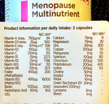 Back label of BioCare’s Menopause Multinutrient supplement
