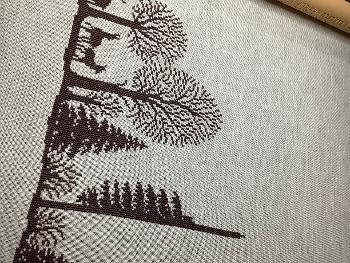 La Foresta di Fanes, maroon stitching  on natural linen 32 stitches to the inch