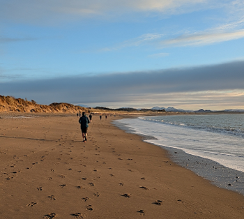 Parkrun on a beach. Distant snow capped mountains.