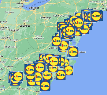 Map of Lidl branches in the USA