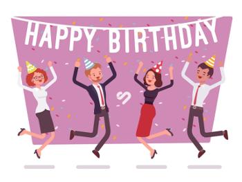 Pink background with dancing figures saying Happy Birthday 