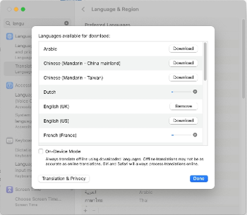 macOS System Settings Translation Languages