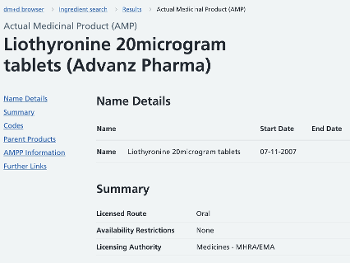 Screenshot of database entry for Advanz Pharma liothyronine