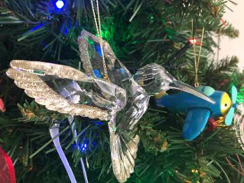 Hummingbird ornament on a Christmas tree