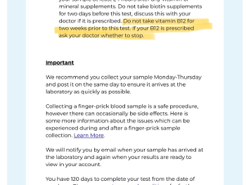 Letter from Medichecks saying no B12 for 2 weeks before blood test.
