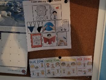 Bulliten board with a zones of regulation chart and a chart of things to use to calm down