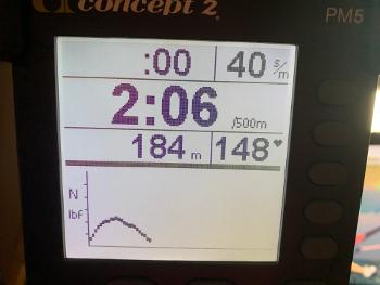 Concept2 PM5 showing 2:06 2k pace.