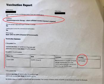 Vaccination report from 'pneumovax calculator' - ineligible for funding report