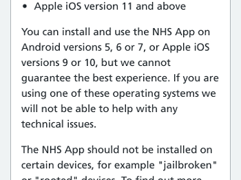 Table of text explaining technical requirements for NHS App