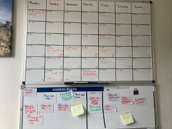 Monthly planner and kanban board (later to help reduce multi tasking).