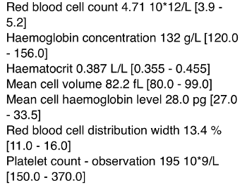 Screenshot of blood results 