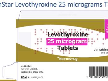 Image of part of the card outer box of 25 microgram NorthStar levothyroxine showing Teva.