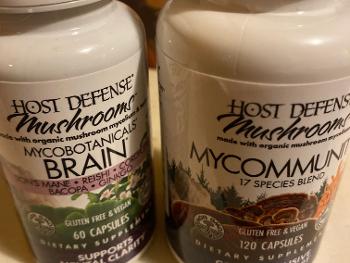 2 Host defense bottles with mushroom pills. Mycobotanicals Brain and Mycommunity blends. 