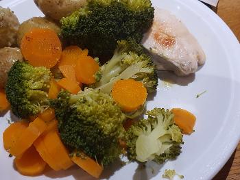 Evening meal: Chicken, new potatoes and veg (carrots and broccoli)