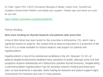 Screenshot of email from Thyroid Federation International re Dr Pete Taylor's petition.