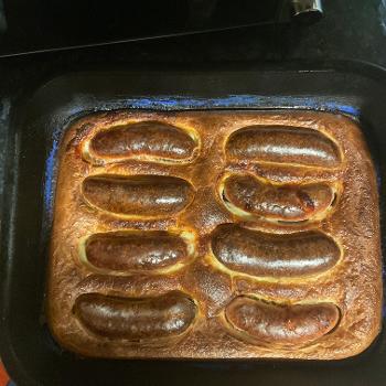Toad in the Hole in a blue baking tin
