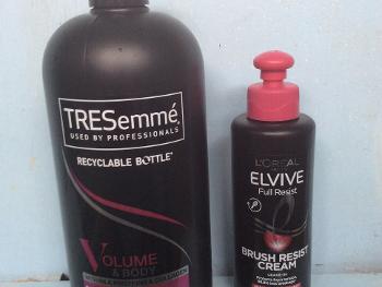 Left, Tressemme shampoo, right L’Oreal hair breakage lotion (leave in) 