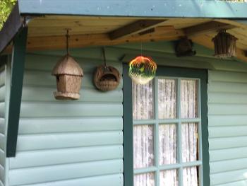 Open bird feeder on front of the shed.