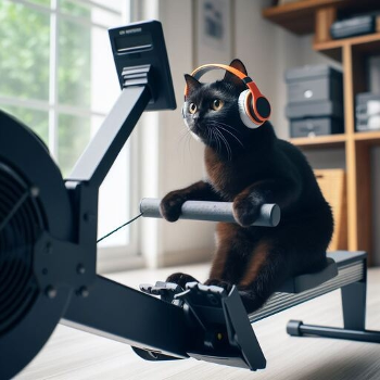 Cat in headphones using a rowing machine