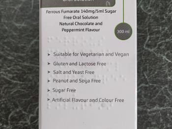 FerroEss 140mg/5ml Sugar free Oral Solution. Natural Chocolate and Peppermint Flavour.