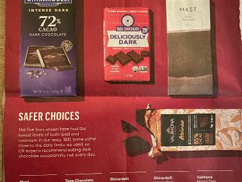 Photo from Consumer Report's magazine showing some of the safer choices of dark chicolate