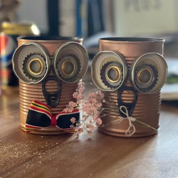 Owls made from tin cans and other recycled materials 