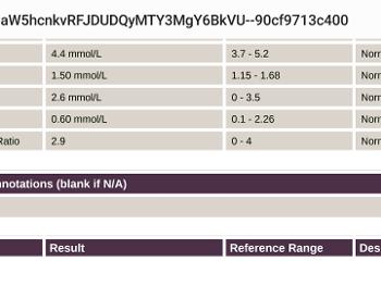 Screenshot with cholesterol results