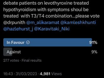 Screenshot of Twitter poll showing 91% pollsters in favour of T3 /T4 combination therapy 