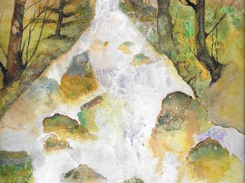 Watercolour painting of a Welsh stream in flood following heavy rains.  