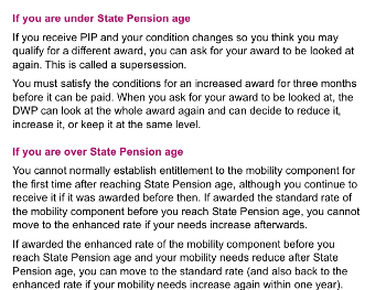 Photo of a page from AgeUK booklet stating what happens with PIP: pension age. 