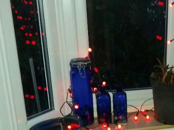 Reflected red berry lights on the windows of my conservatory with blue glass bottles