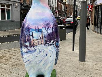 Large fibreglass penguin painted in the style of Monet's The Road to Giverny, Doncaster