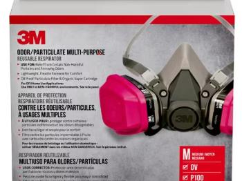 3M brand respirator box with description and photo of respirator.